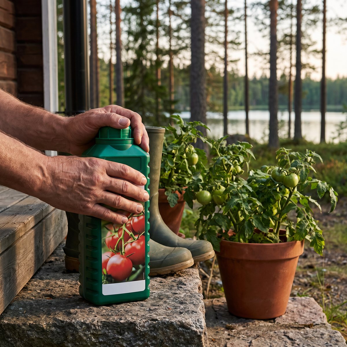 Grön flaska Stroller Tomatnäring på stentrappan till en svensk stuga bredvid en tomatkruka och gummistövlar