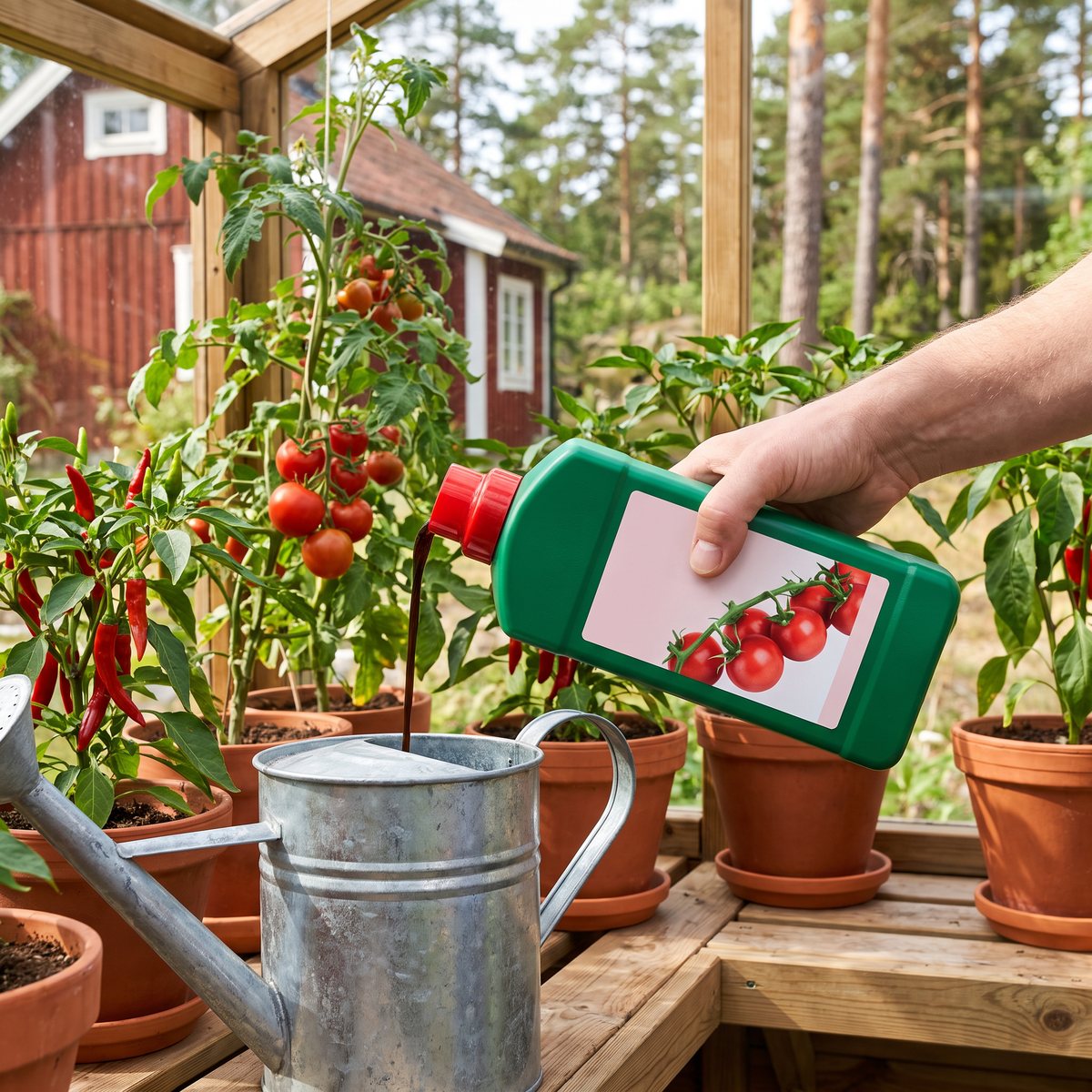 Blomstra Tomatnäring hälls i en galvaniserad vattenkanna i ett växthus med tomat- och chiliplantor, rött trähus och tallar utanför