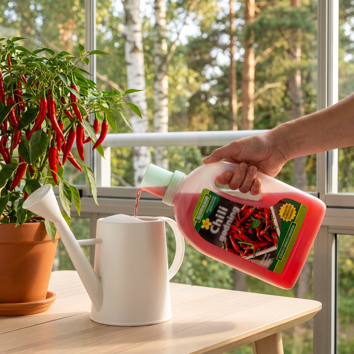 Hornum Chilinäring hälls i en vit vattenkanna bredvid en chiliplanta med röda frukter på en inglasad balkong med björkar och tallar utanför