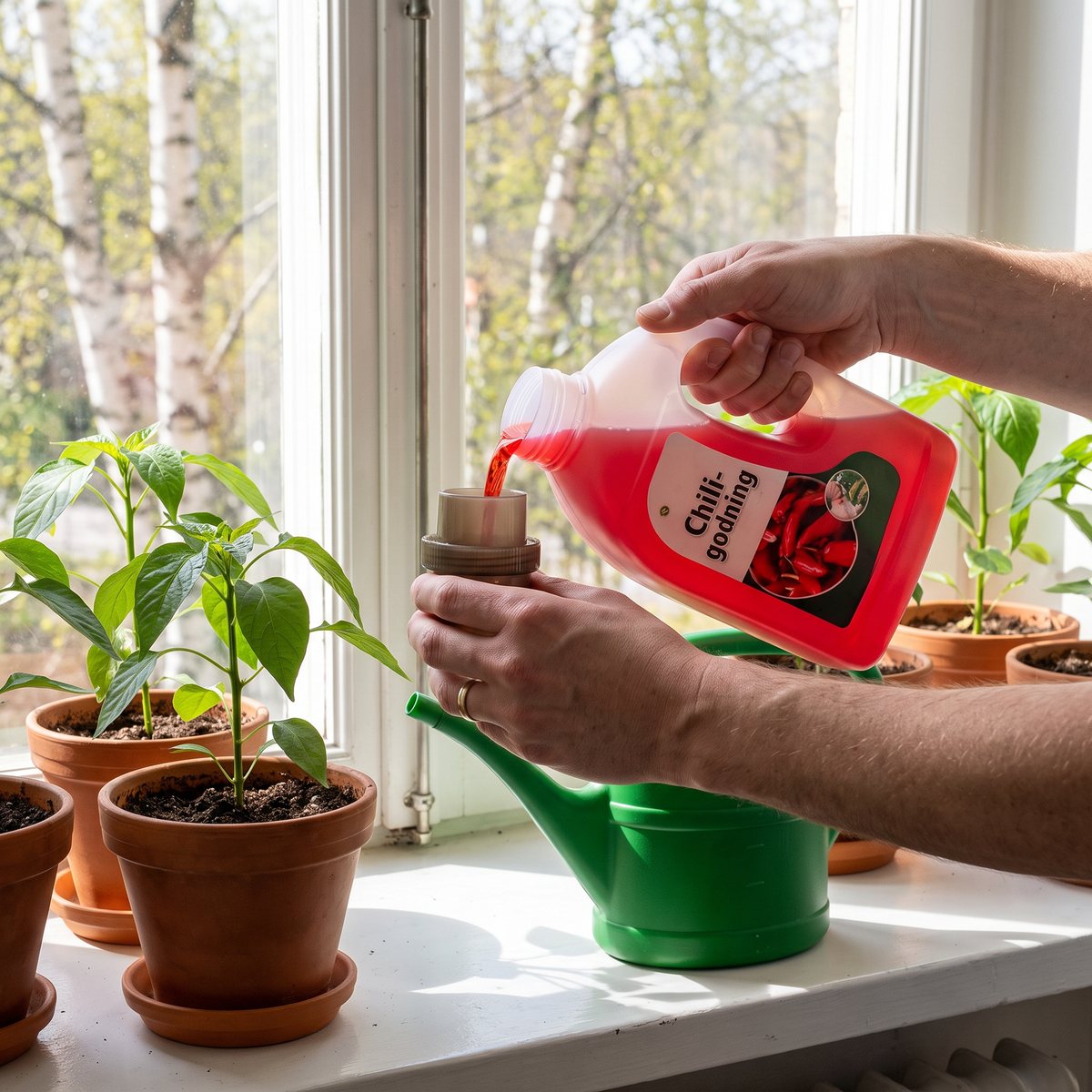 Prima Chilinäring hälls upp i det bruna kapselmåttet över en grön vattenkanna, på en fönsterbräda med unga chiliplantor i lerkrukor och björkar utanför fönstret