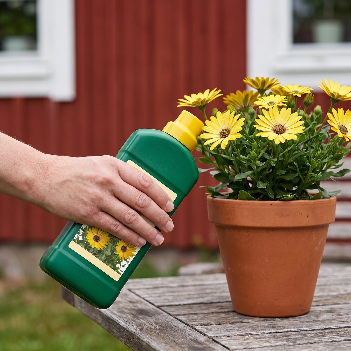 Hand som doserar växtnäring ur en grön flaska vid en kruka med gula blommor framför ett rött trähus