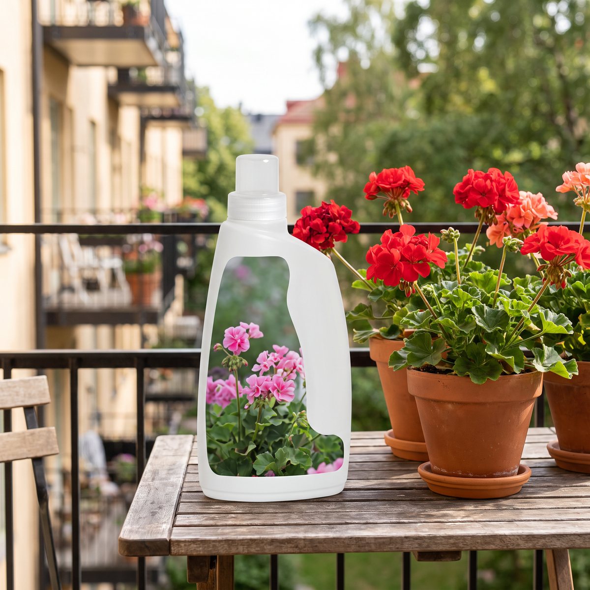 Flaska med flytande pelargonnäring på ett träbord på en svensk balkong bredvid röda pelargoner i terrakottakrukor