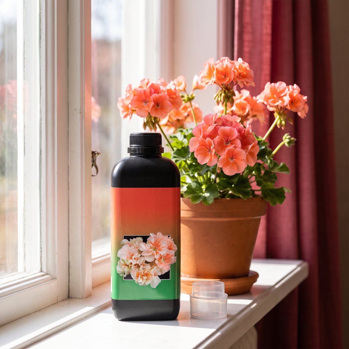 Svart flaska med pelargonnäring på ett fönsterbräde i ett svenskt hem bredvid en blommande pelargon