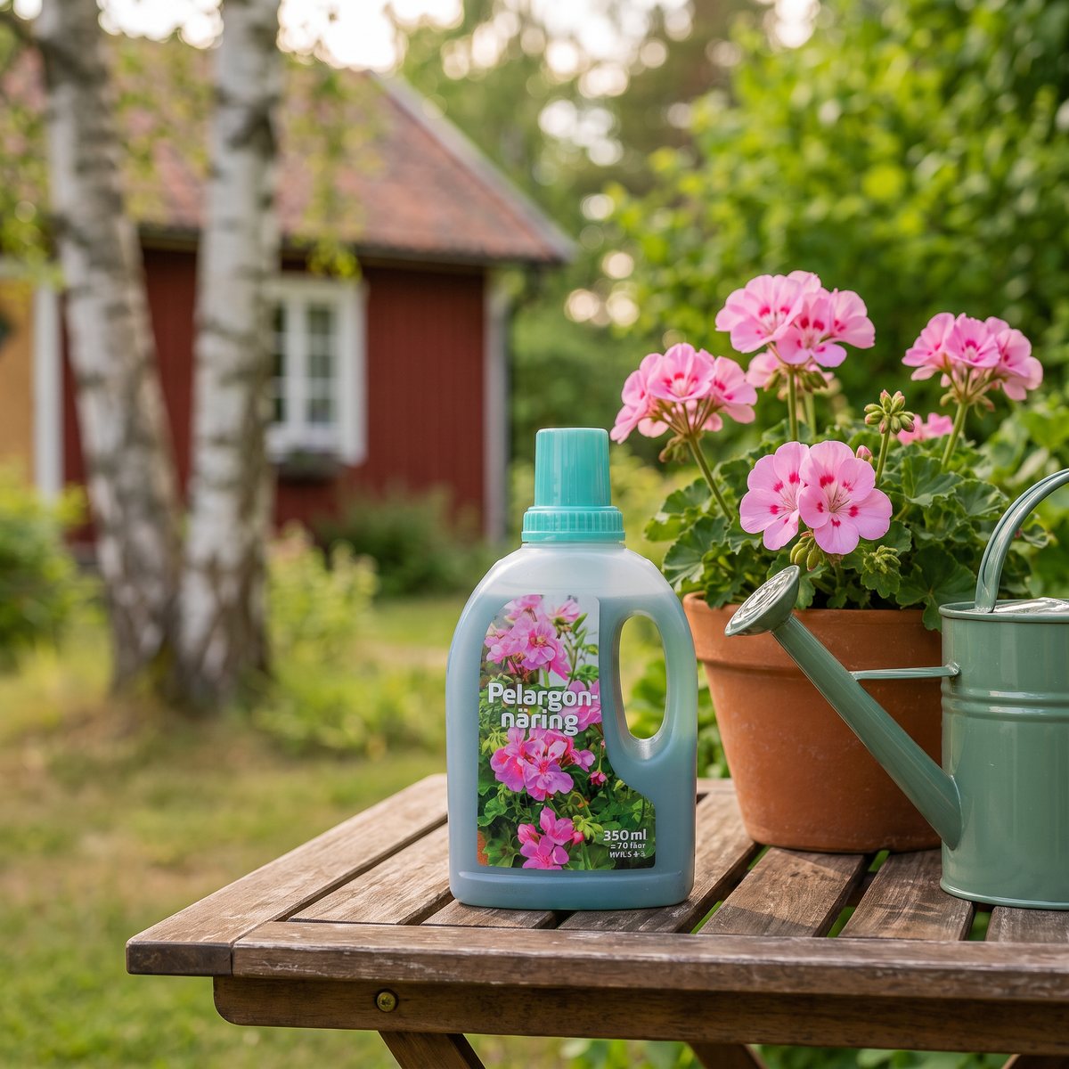Flaska med pelargonnäring på ett trädgårdsbord med rosa pelargoner, vattenkanna och rött trähus bakom