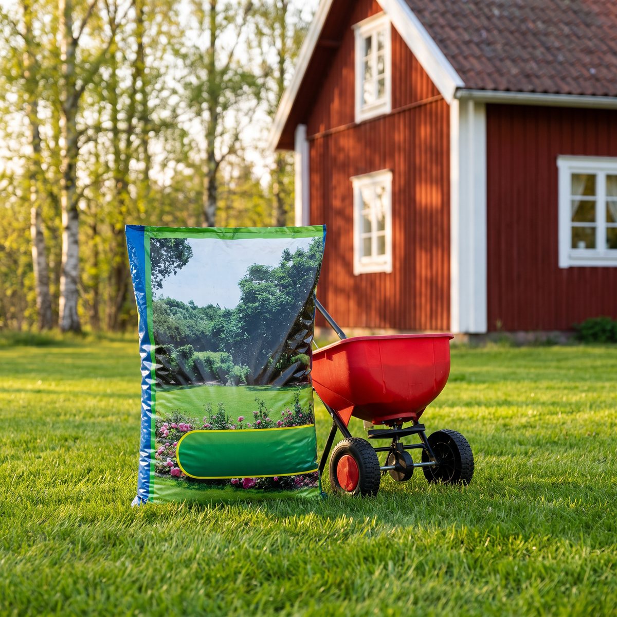 Säck Skånefrö Grönytegödsel stående på en välskött gräsmatta vid en rödmålad svensk stuga med spridare bredvid