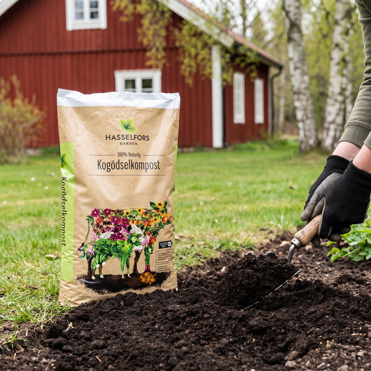 Säck med Hasselfors Garden Kogödselkompost vid en nygrävd rabatt där en hand i trädgårdshandske arbetar ner komposten med en planteringsspade, framför ett rött trähus och björkar