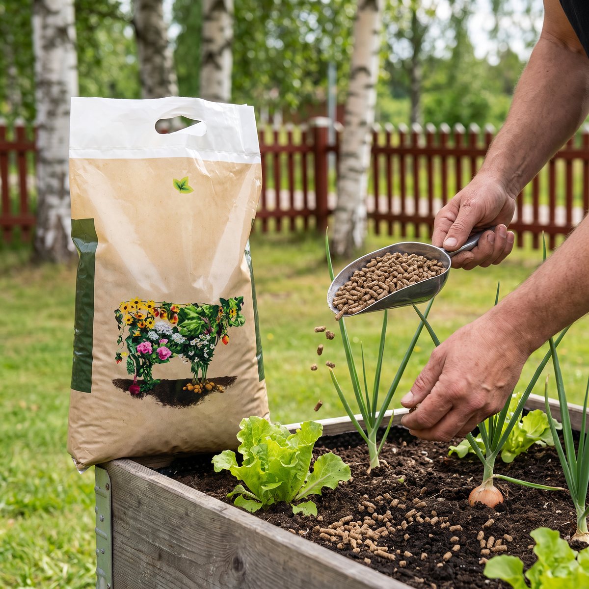 Säck med Hasselfors Garden pelleterad kogödsel på en pallkrage där en hand strör pellets runt sallat och lök, med björkar och ett rött staket i bakgrunden
