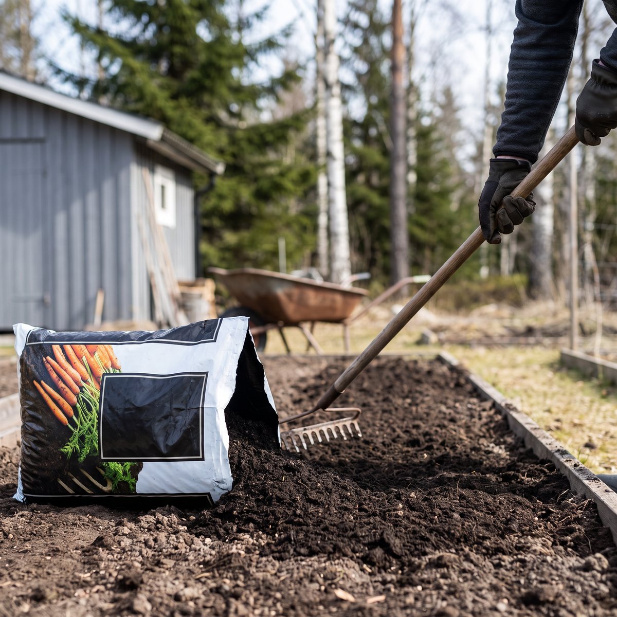 Öppnad säck Rölunda Natur Kogödsel på kanten av ett grönsaksland där komposten krattas ut över jorden på våren, med en grå bod, skottkärra och gran i bakgrunden