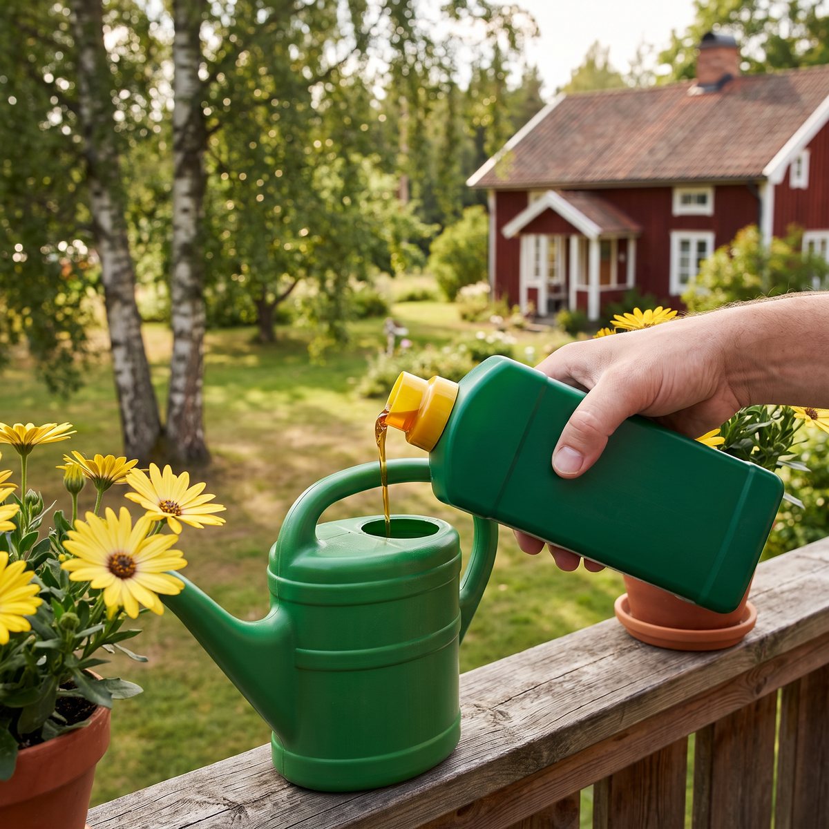 Blomstra Växtnäring i flaska vid kruka med gula prydnadsväxter på en svensk sommarbalkong