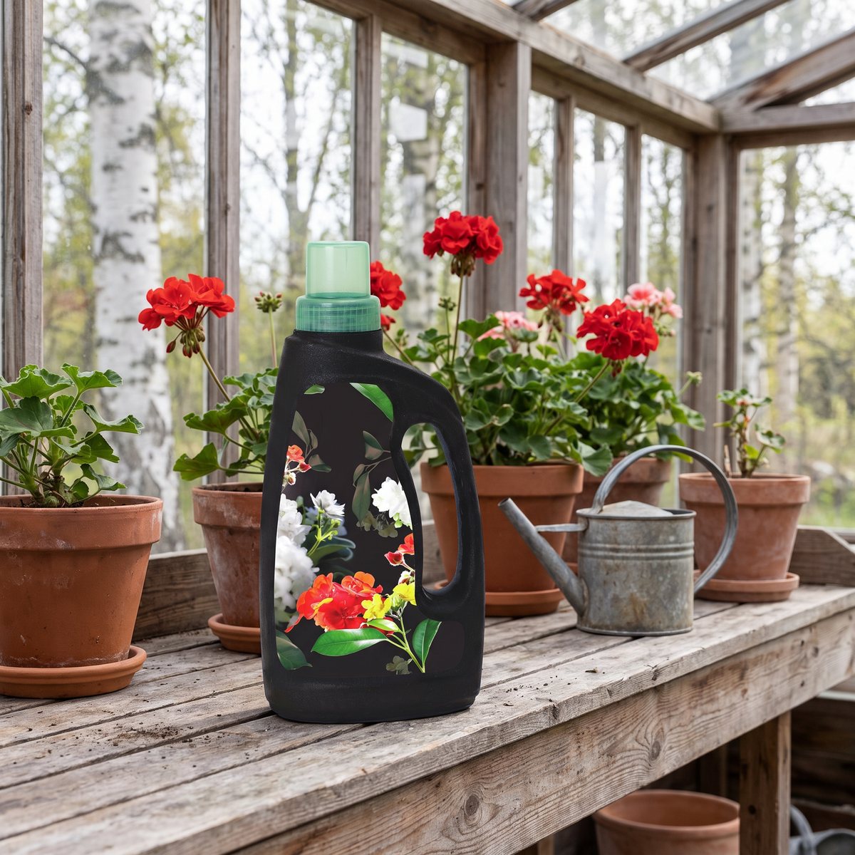Nelson Garden Växtnäring på en odlingsbänk i ett svenskt trädgårdsdrivhus bland krukor med pelargoner
