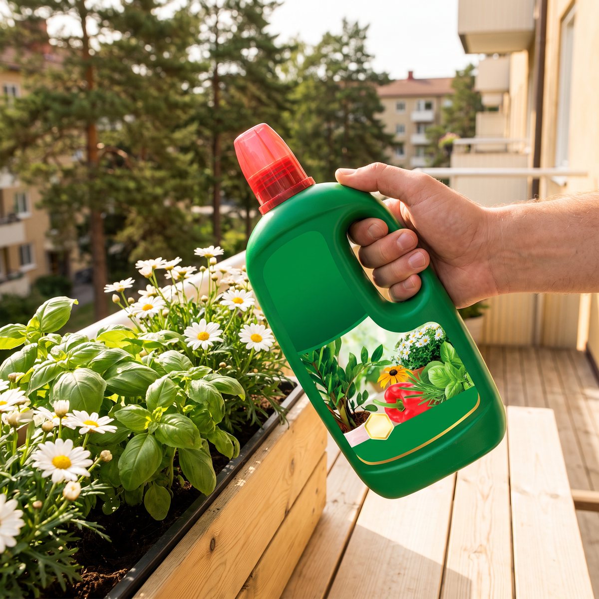 Substral Universalnäring vid en balkonglåda med kryddor och blommor på en svensk balkong