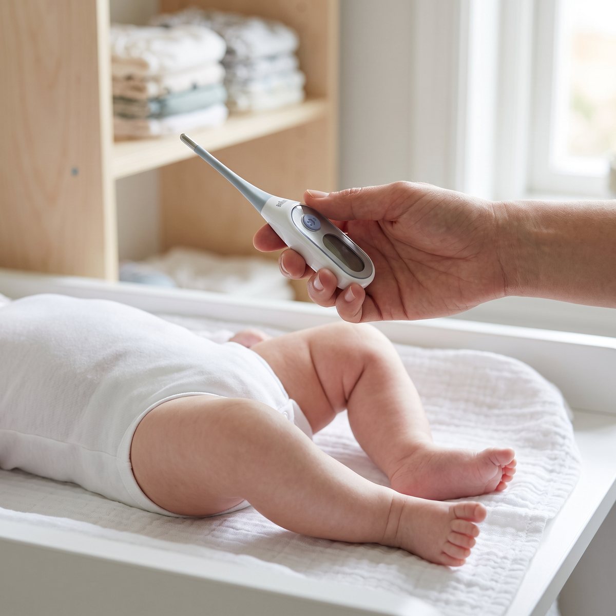 Braun PRT2000 Age Precision i en förälders hand vid skötbordet där en bebis i vit body ligger i ett ljust svenskt barnrum