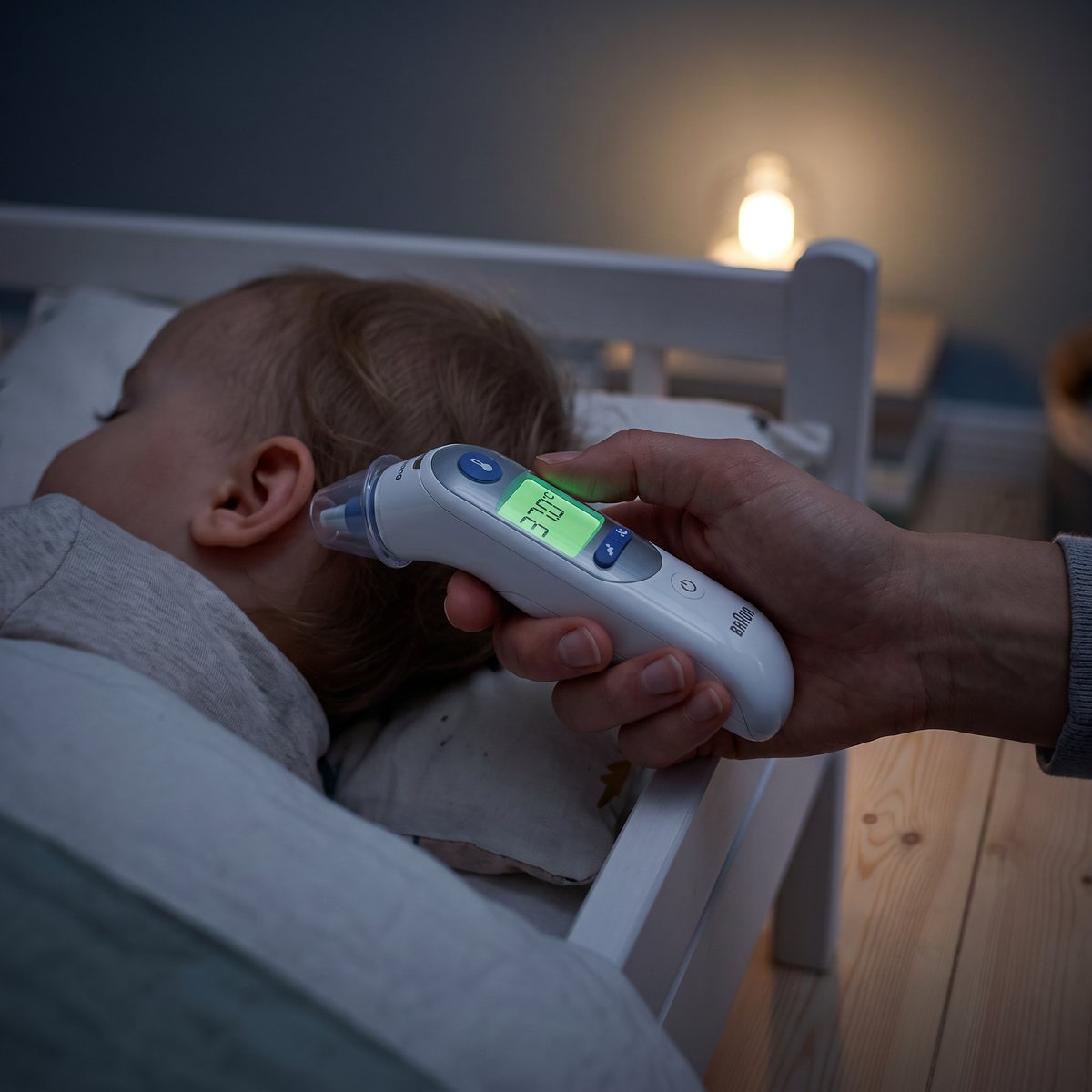 Braun ThermoScan 7+ med upplyst grön display mäter temperaturen i örat på ett sovande barn i ett nattmörkt svenskt barnrum