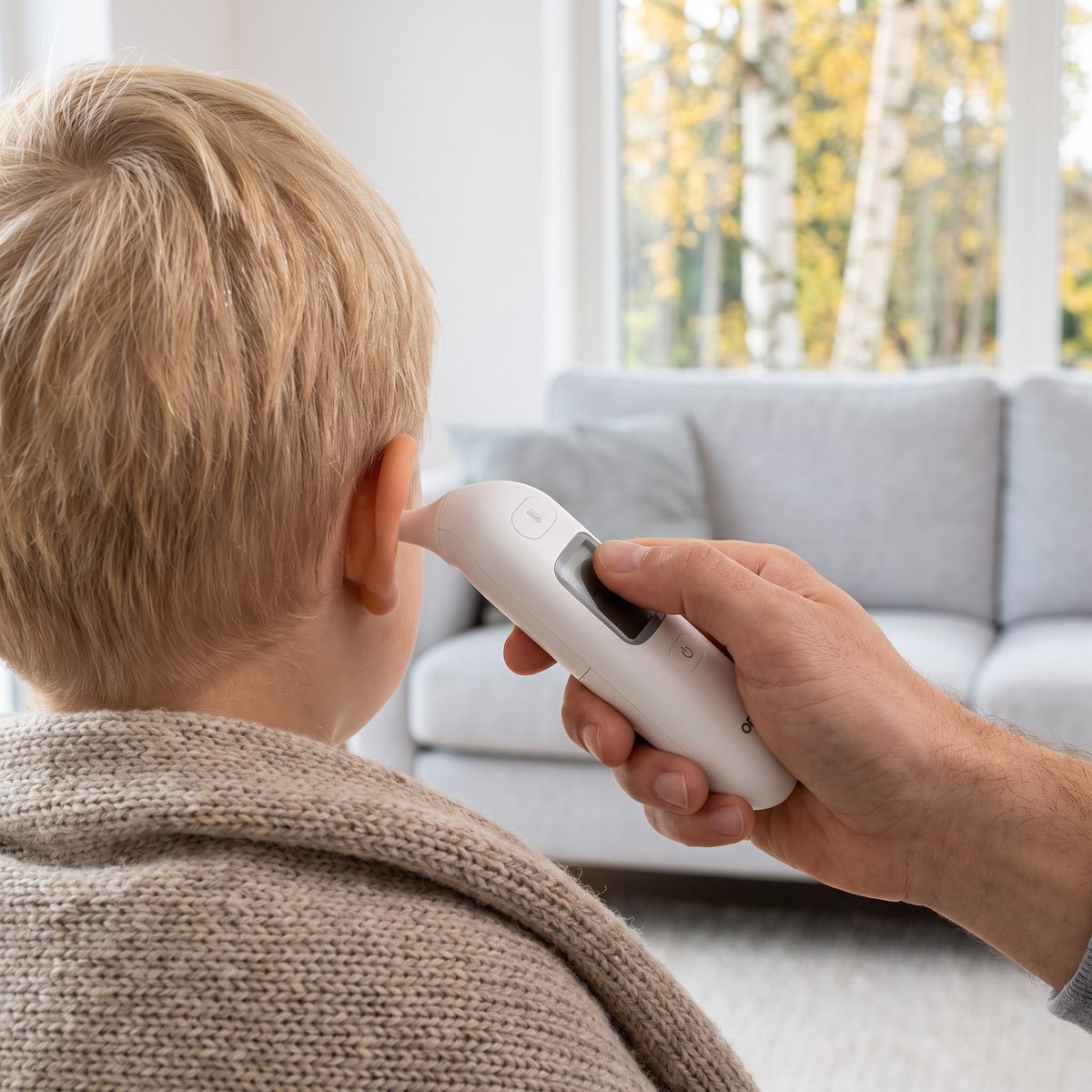 Omron Gentle Temp 533 i örat på ett barn insvept i en stickad filt i ett ljust svenskt vardagsrum med björkar utanför fönstret