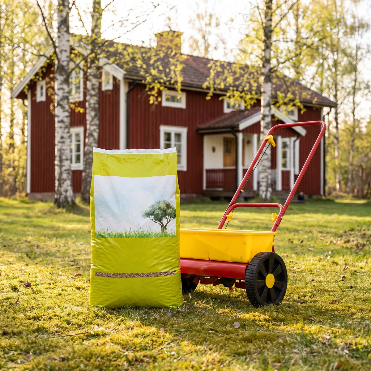 Säck med Granngården Gräsgödsel Mossa vid en gräsmatta med mossa framför ett rött trähus och björkar