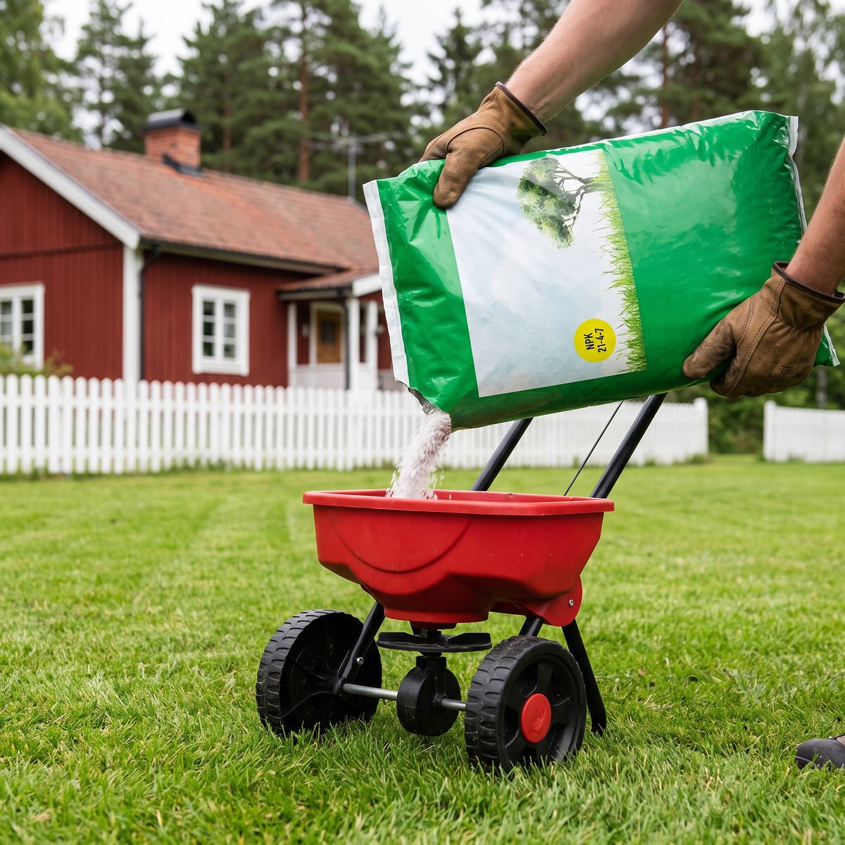 Händer i arbetshandskar häller Granngården Gräsgödsel Grön Effekt ur säcken i en spridare på en nyklippt svensk gräsmatta