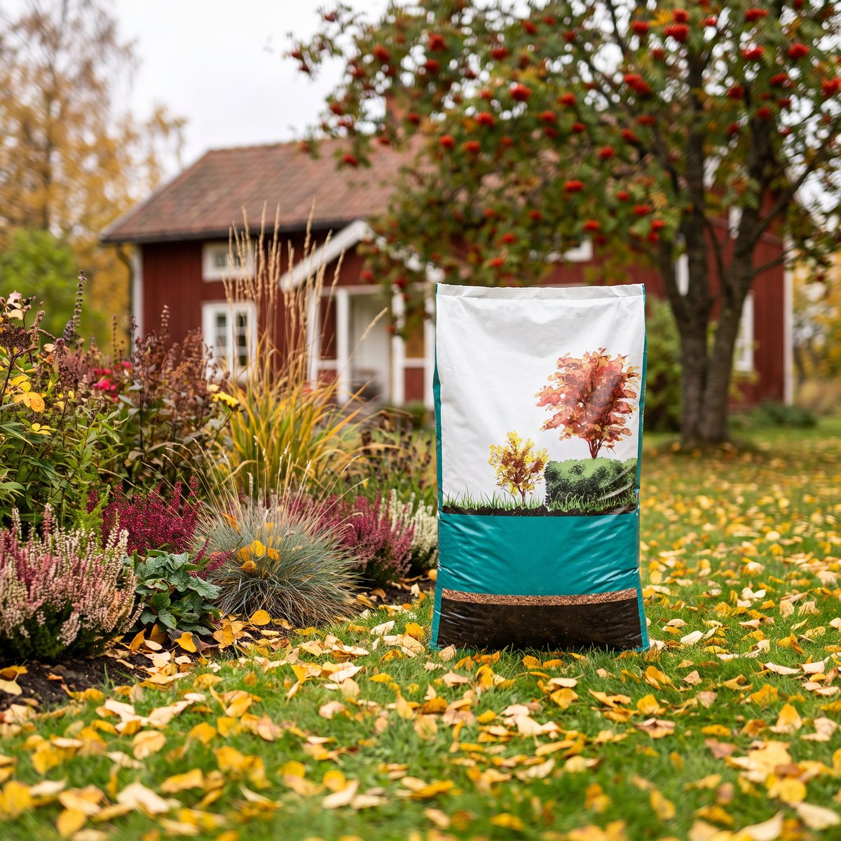 Säck med Granngården Höstgödsel Gräs & Rabatter bland höstlöv vid en rabatt i svensk trädgård