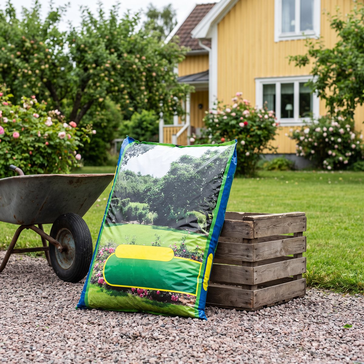 Säck med Skånefrö Grönytegödsel lutad mot en trälåda på grusgång framför en gul villa med gräsmatta
