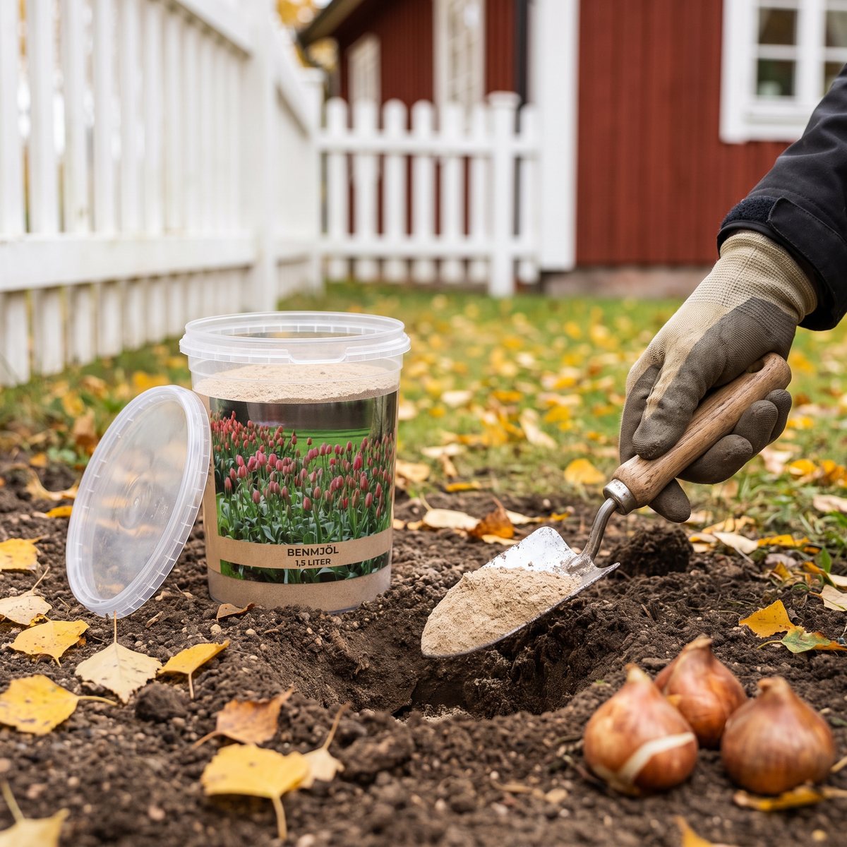 Öppen burk med Cramers benmjöl bredvid ett planteringshål där en trädgårdsspade blandar ner benmjöl inför plantering av tulpanlökar, med höstlöv och ett vitt staket i bakgrunden