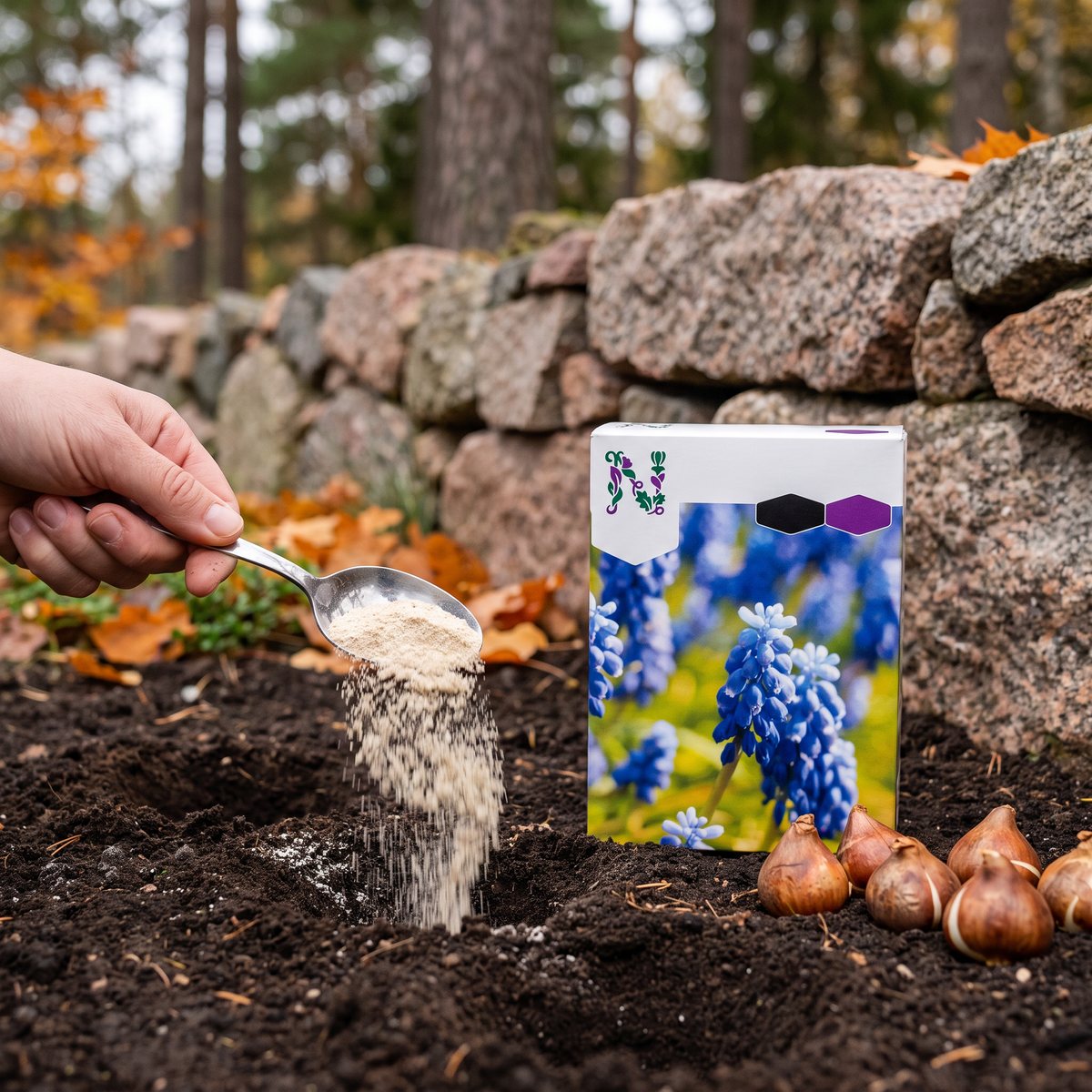 Matsked som häller benmjöl i ett planteringshål bredvid Nelson Gardens benmjölsförpackning och blomsterlökar, framför en stenmur och tallar på hösten