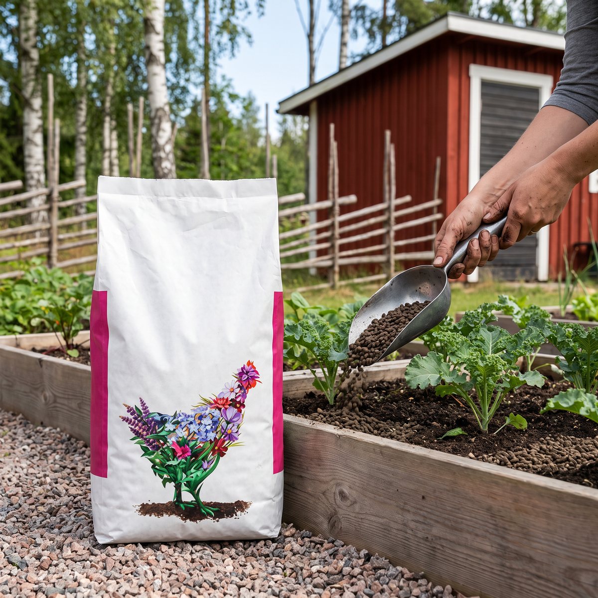 Hasselfors Hönsgödsel i en vit säck vid en odlingslåda, där pellets strös ut kring kålplantor i en svensk trädgård med rött redskapshus