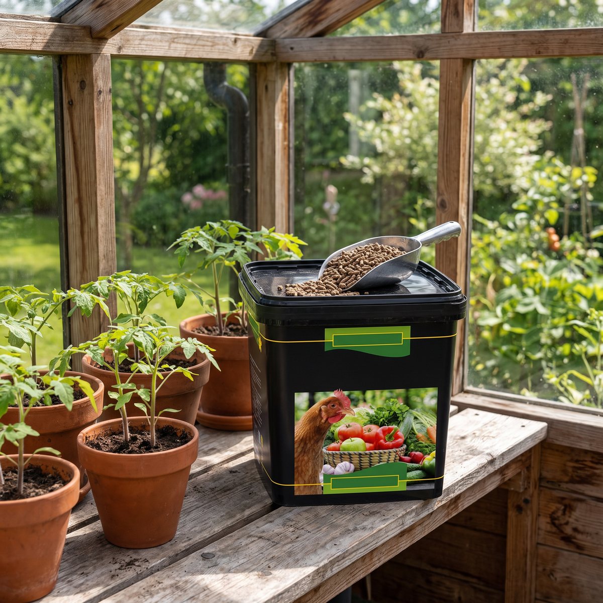 Hornum Hönsgödsel i en svart hink på en bänk i ett svenskt växthus bland tomatplantor i lerkrukor