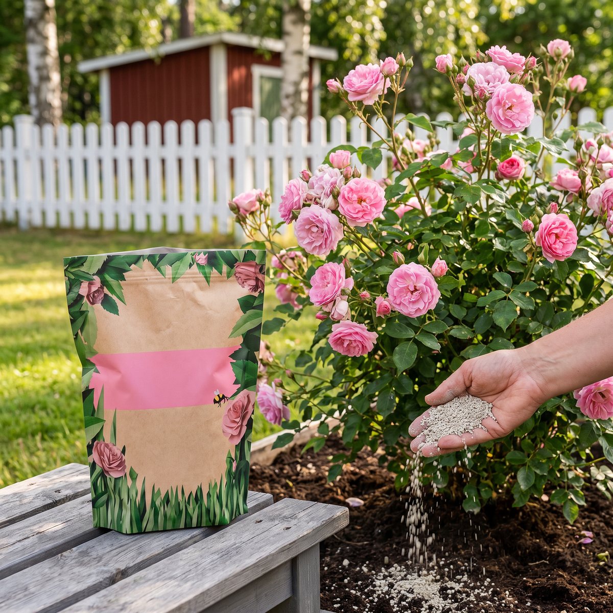 Påse med Algomin Vackrare Rosor på en trädgårdsbänk medan en hand strör ljusa korn under en blommande rosa buskros, med vitt staket och rött förråd i bakgrunden