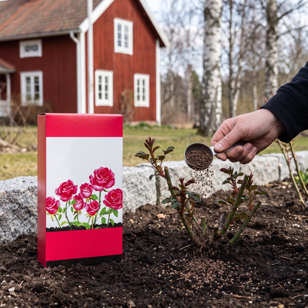 Kartong med Granngården Rosgödsel i en rosrabatt där en hand strör mörk gödsel runt en beskuren ros på våren, med ett rött trähus och björkar i bakgrunden