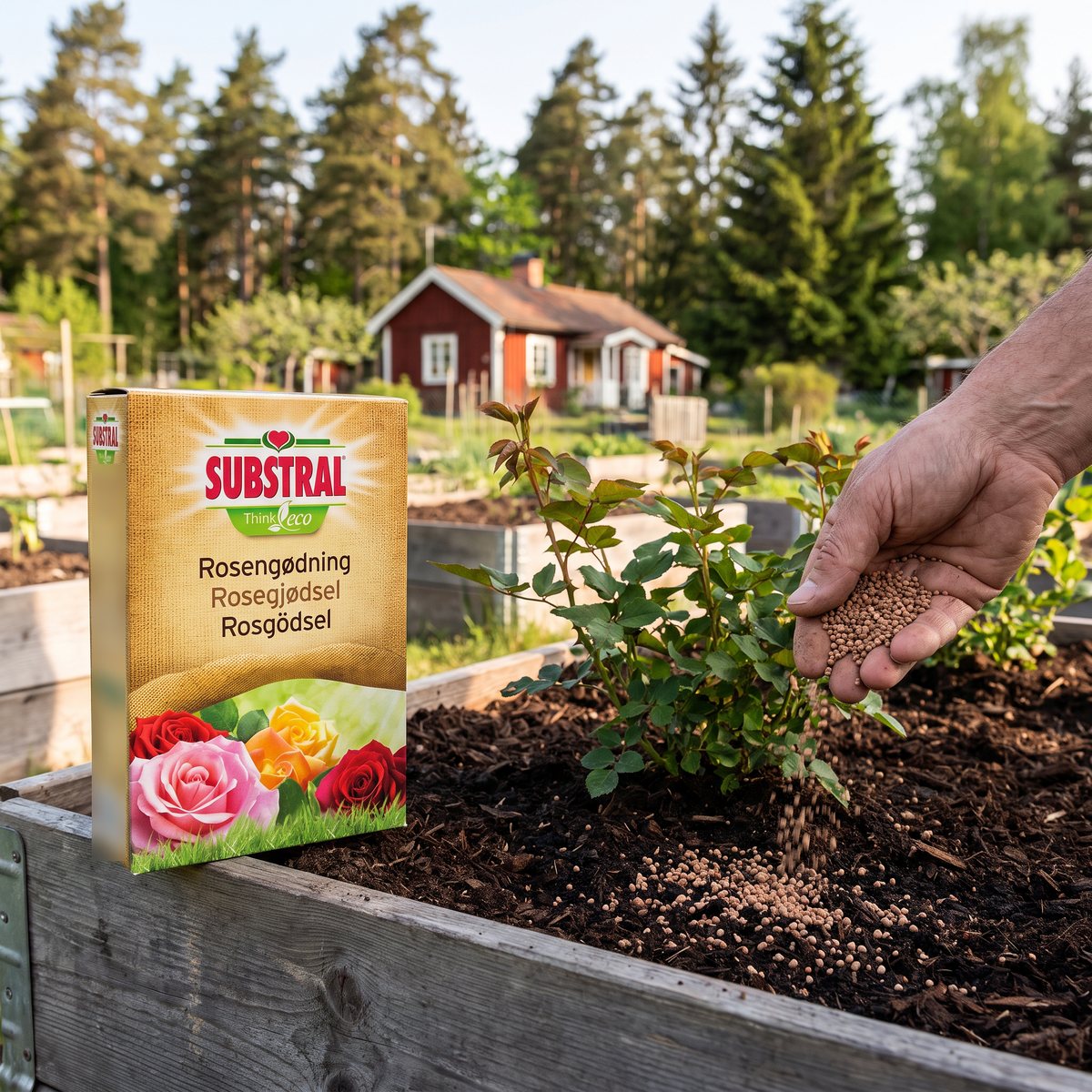 Kartong med Substral Think Eco Rosgödsel på kanten av en odlingslåda i en svensk koloniträdgård, där en hand strör små korn runt en ung ros