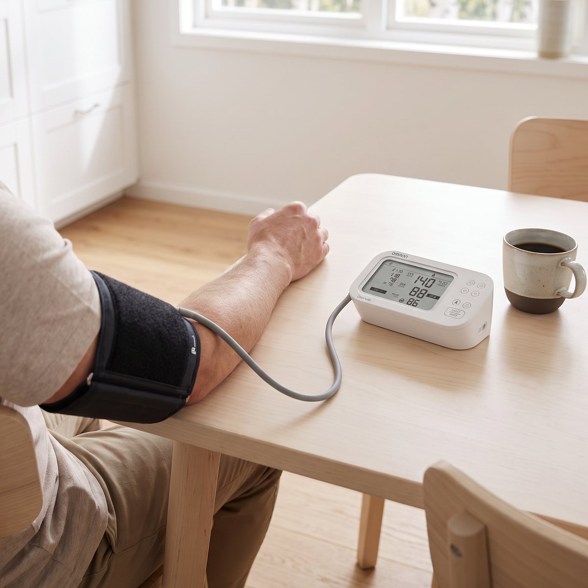 Omron M6 Comfort AFib med svart överarmsmanschett och vit mätare på ett ljust köksbord i ett svenskt kök, bredvid en kopp kaffe