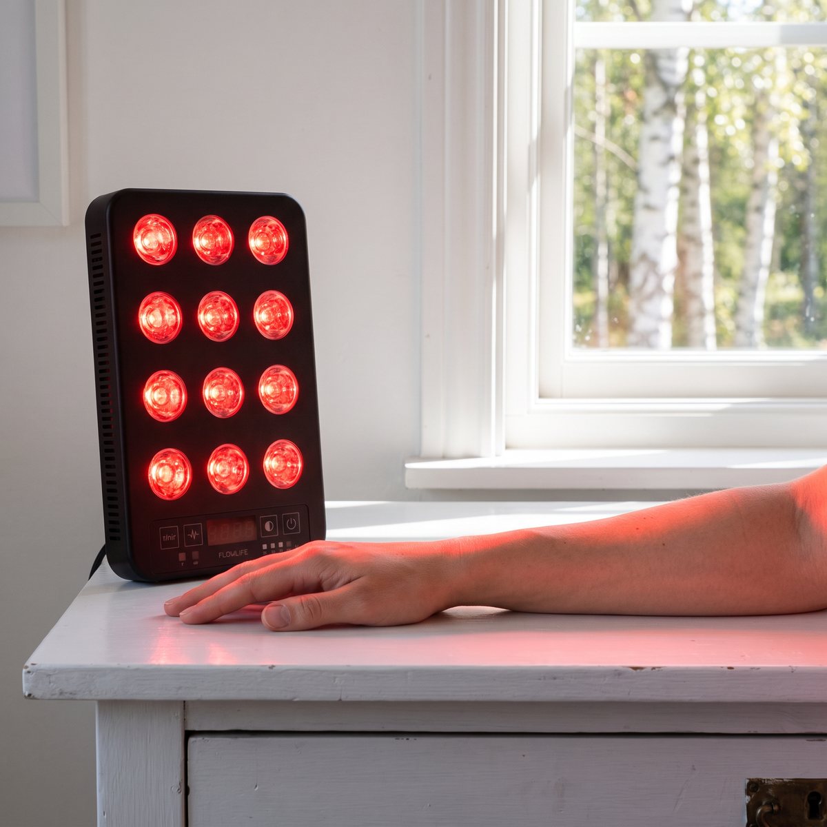 Flowlife Flowlight Panel Go på ett vitt skrivbord vid ett fönster med björkar, riktad mot en underarm