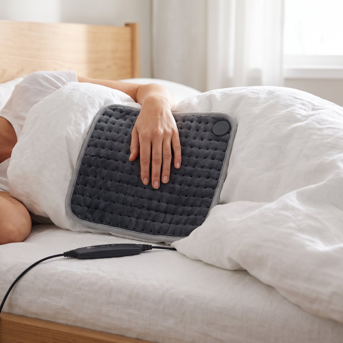 Beurer HK SE Cosy, en liten mörkgrå värmedyna, mot magen på en person som ligger i en säng med vita linnelakan