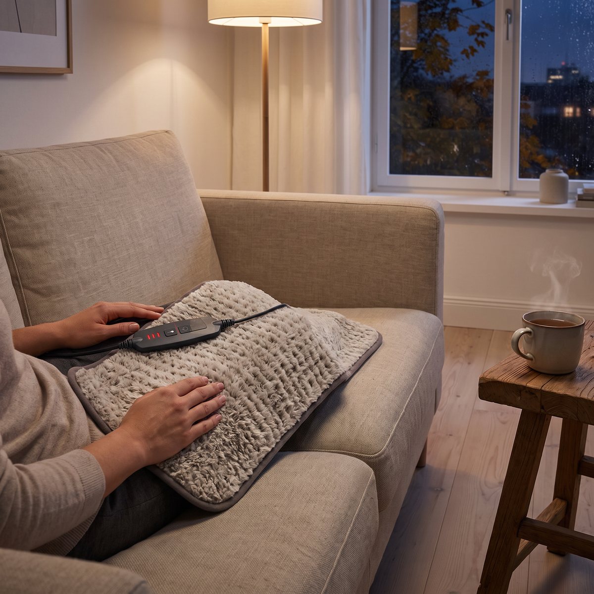 Beurer HK 126 XXL Nordic Taupe i gråbrun fleece över låren på en person i soffan en höstkväll, reglaget med lysande knappar på dynan