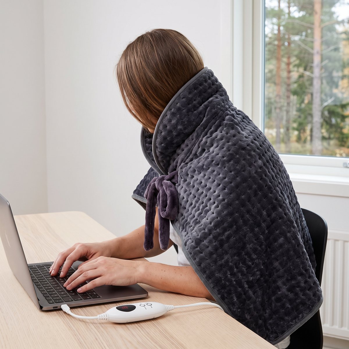 Rubicsons mörkgrå värmedyna för axlar och rygg på en person som skriver vid en laptop i ett svenskt hemmakontor med tallar utanför