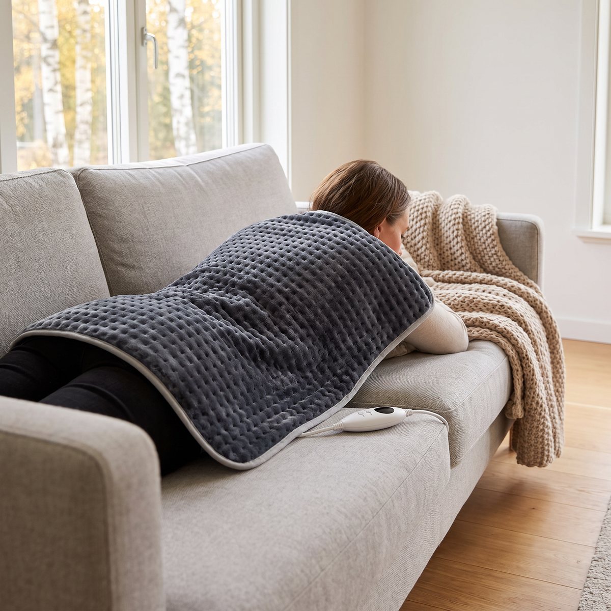 Rubicson Stor värmedyna i mörkgrå plysch över ryggen på en person som ligger på en ljus soffa i ett svenskt vardagsrum med björkar utanför fönstret