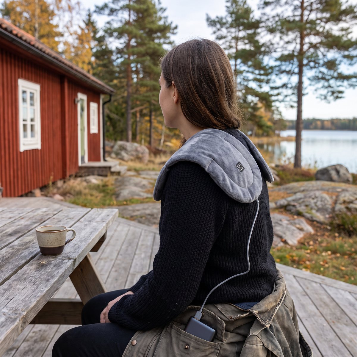Zenkurus grå USB-värmedyna över axlarna på en person på ett trädäck vid en röd stuga och en sjö, kabeln till en powerbank i jackfickan