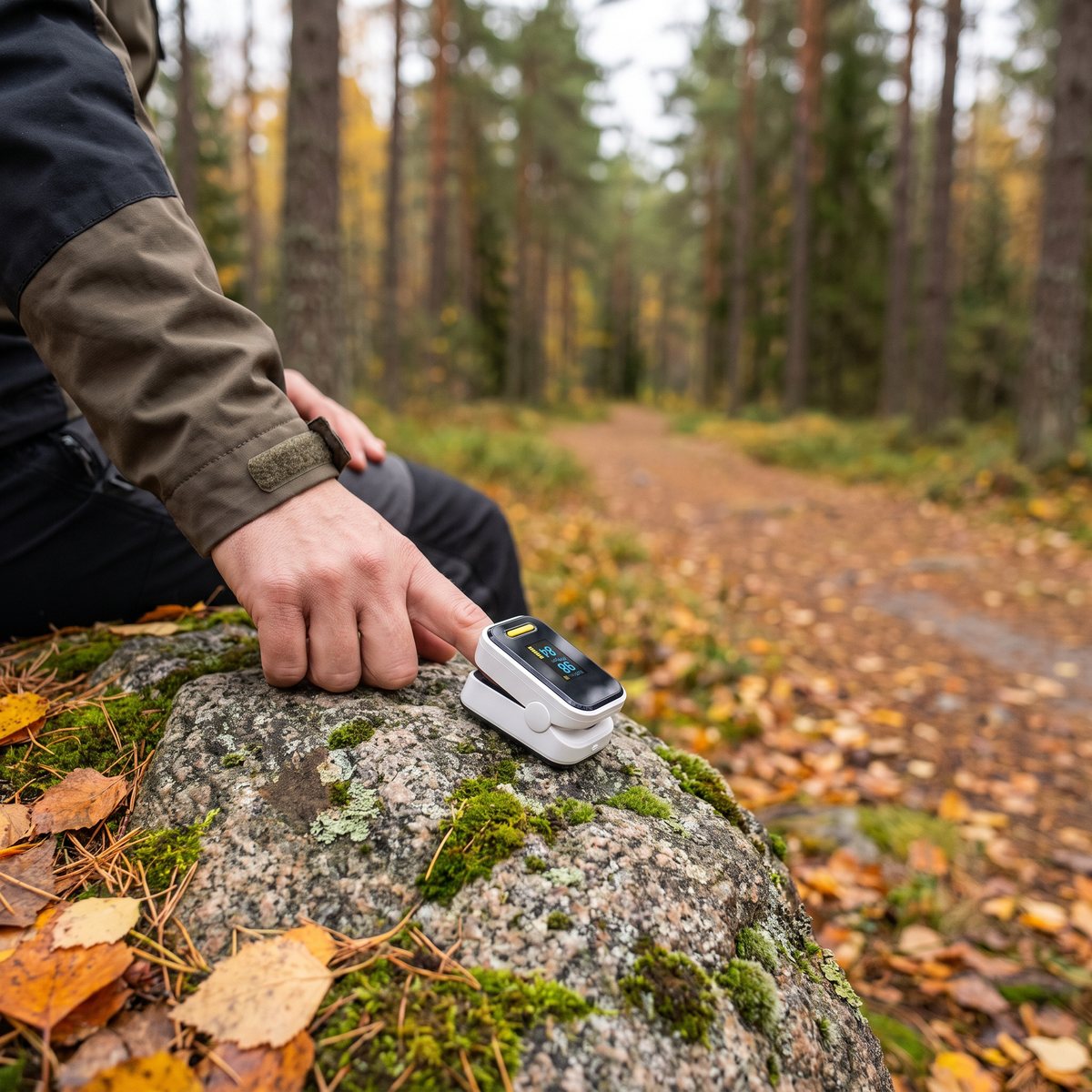 Braun Pulse Oximeter 1 på ett pekfinger hos en person som sitter på en granitsten vid en skogsstig bland tallar på hösten
