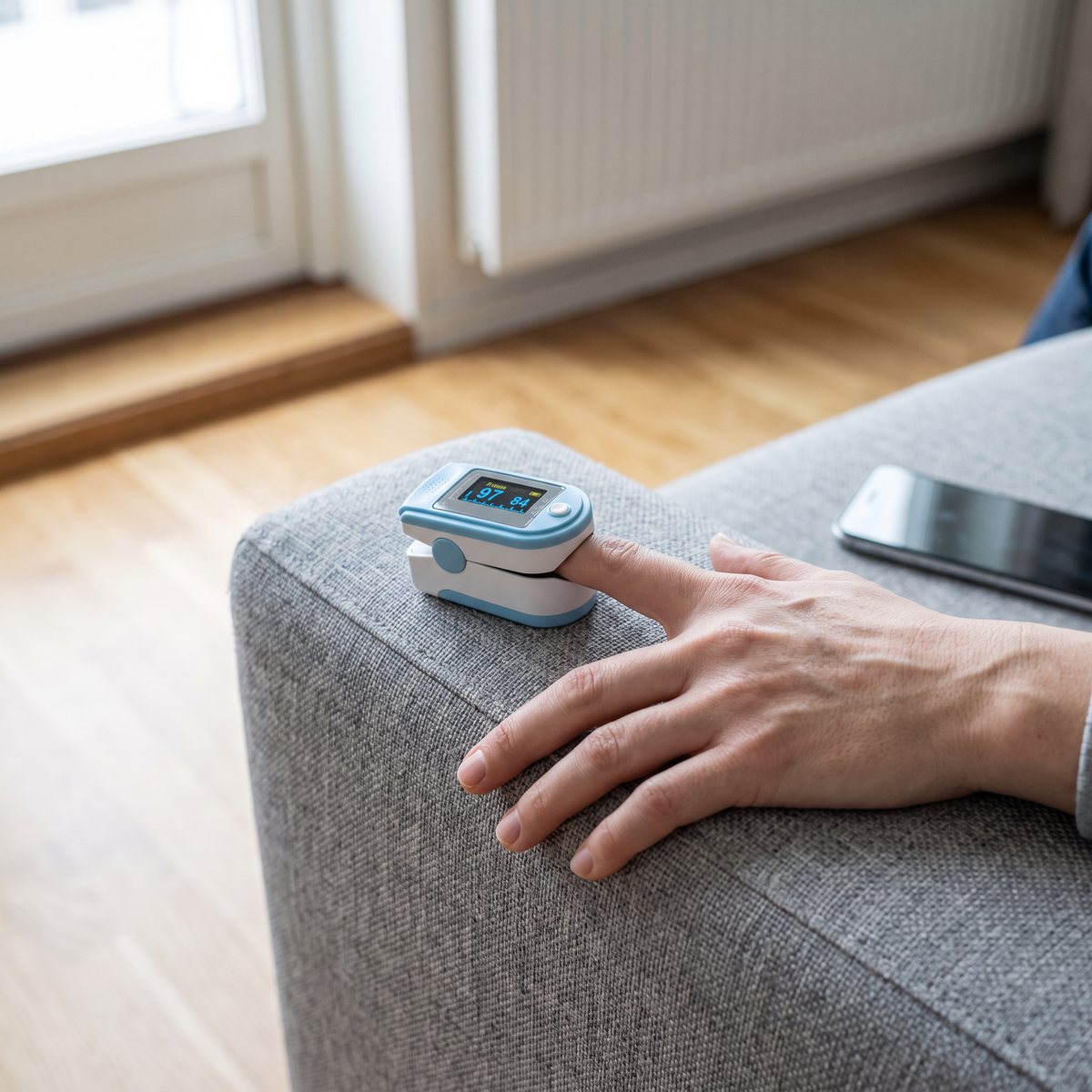 SiGN CMS50D-BT pulsoximeter på ett pekfinger som vilar på armstödet av en grå soffa i en svensk lägenhet