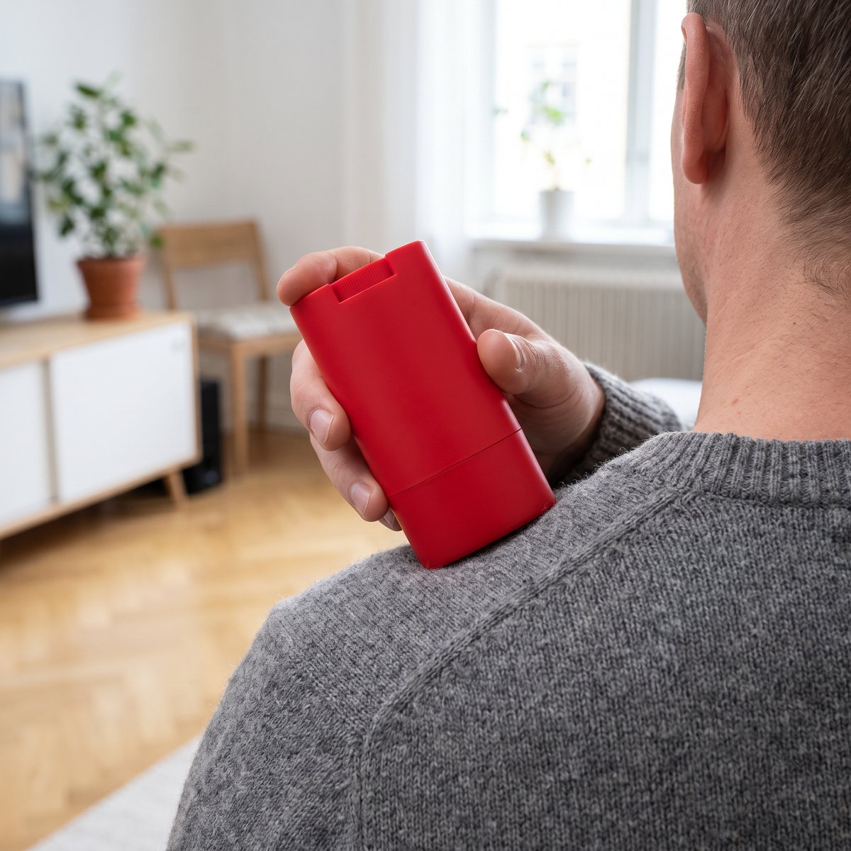 Ormsalva Fire Stick dras över axel och nacke i ett ljust svenskt vardagsrum