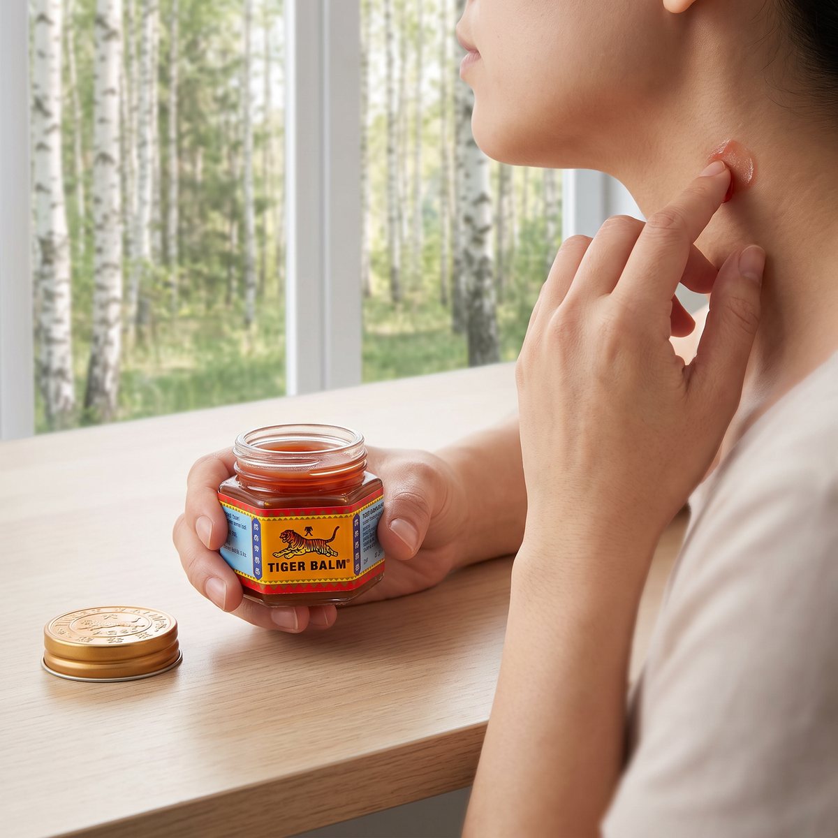 Tiger Balm Röd i öppen burk hålls i handen vid ett fönster mot björkskog i ett svenskt hem