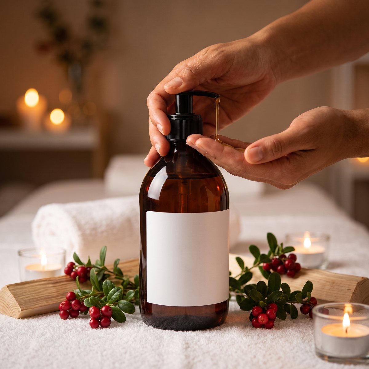 Hand som pumpar massageolja ur brun flaska med pump vid en massagebänk med lingonris och tända ljus