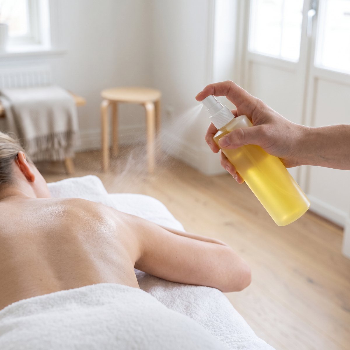 Hand som sprayar massageolja från en gul flaska över en rygg på en massagebänk i ett ljust svenskt vardagsrum