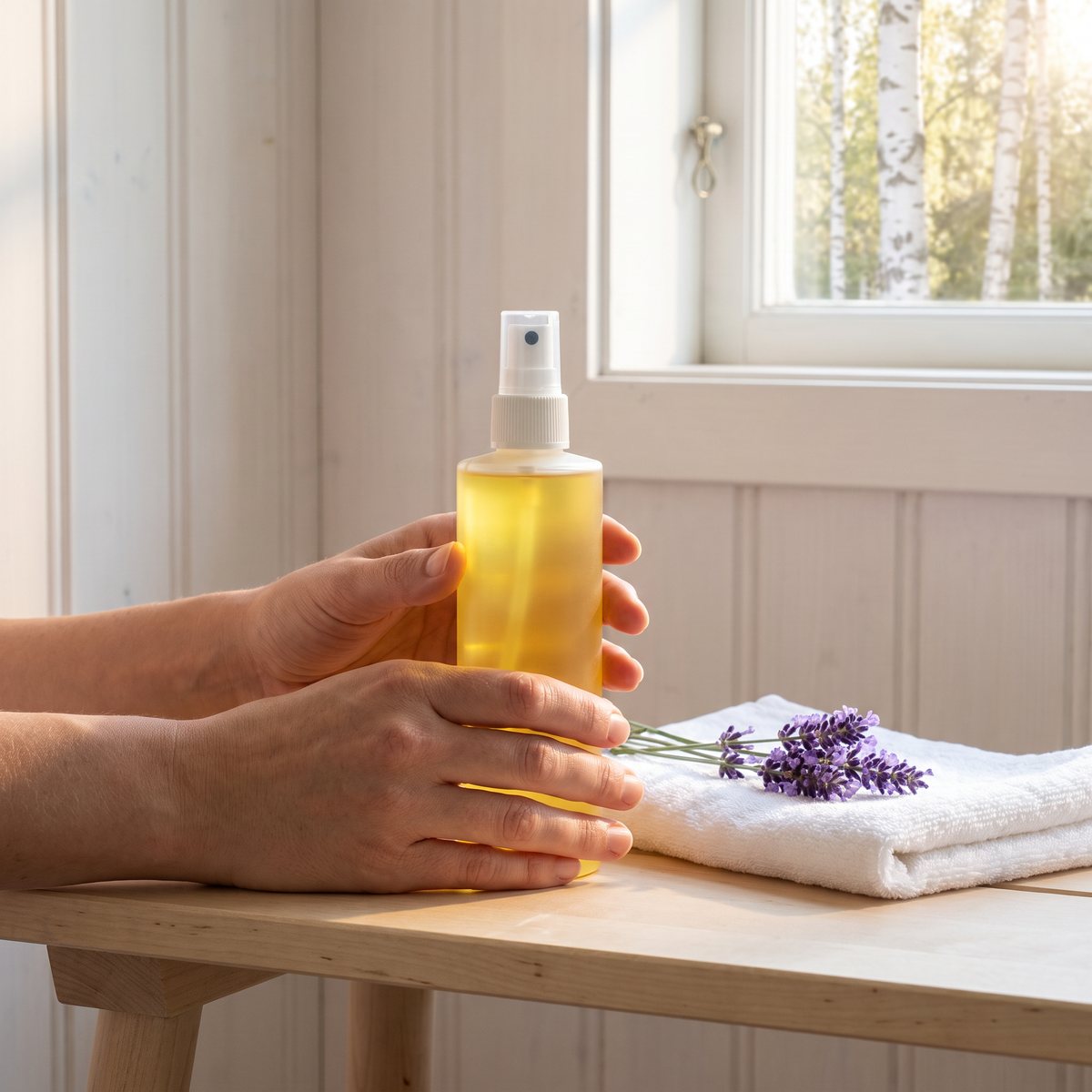 Sprayflaska med gul massageolja på en björkbänk med handduk och lavendel i ett ljust svenskt hem
