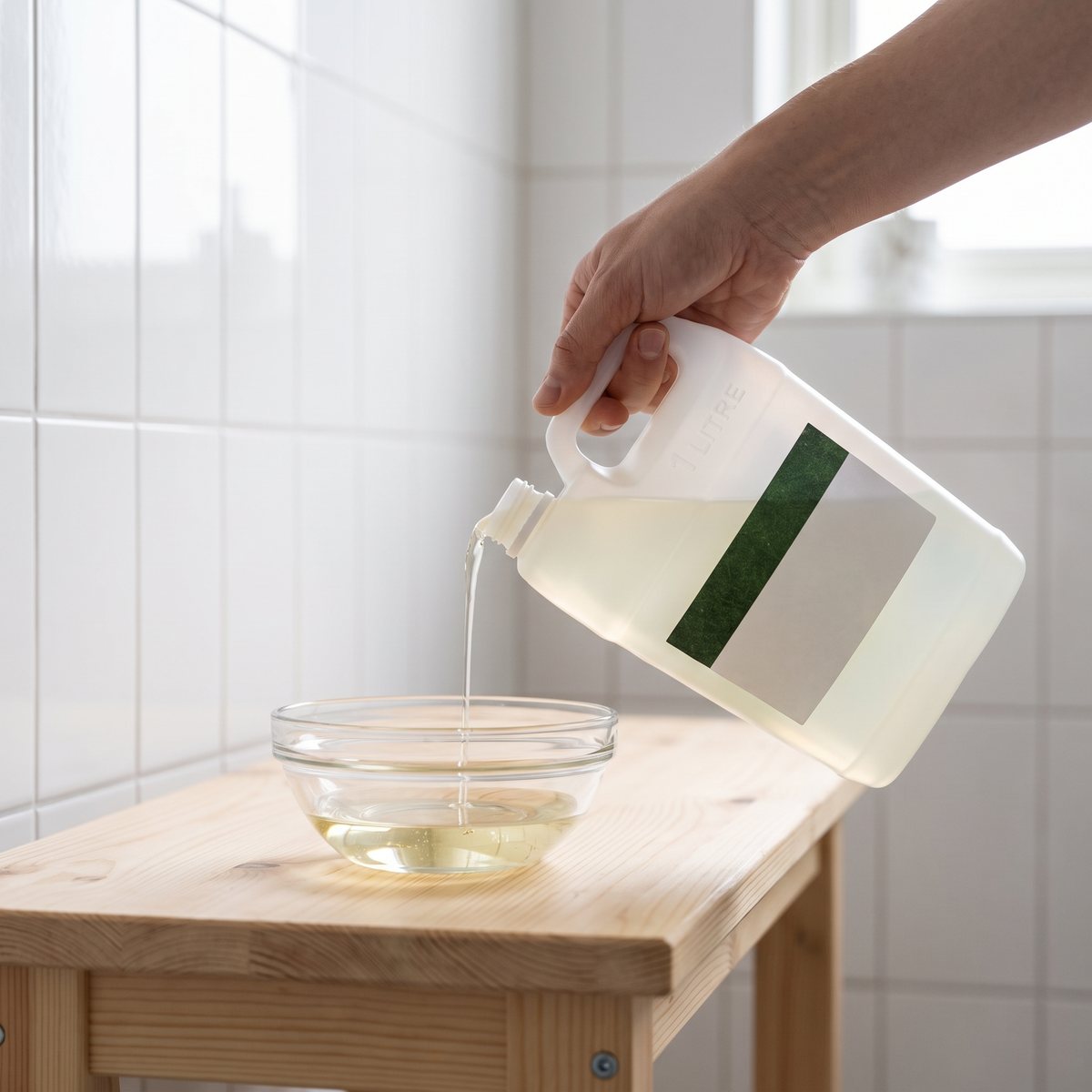 Hand som häller mandelolja ur en vit litersdunk i en glasskål på en furubänk i ett svenskt badrum