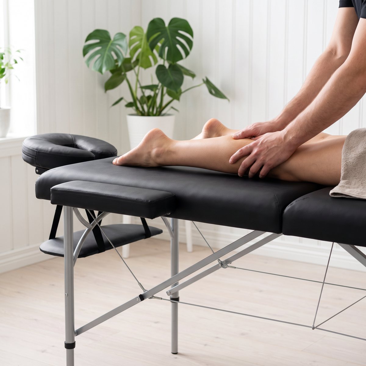 Svart hopfällbar massagebänk med aluminiumben i svenskt behandlingsrum, vadmassage pågår