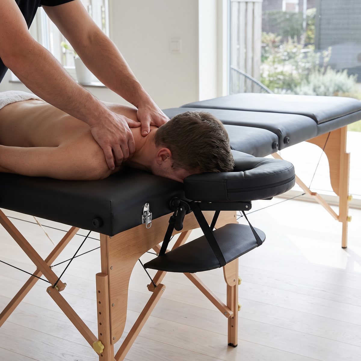 Svart massagebänk med träben i ljust svenskt hem, nack- och axelmassage pågår