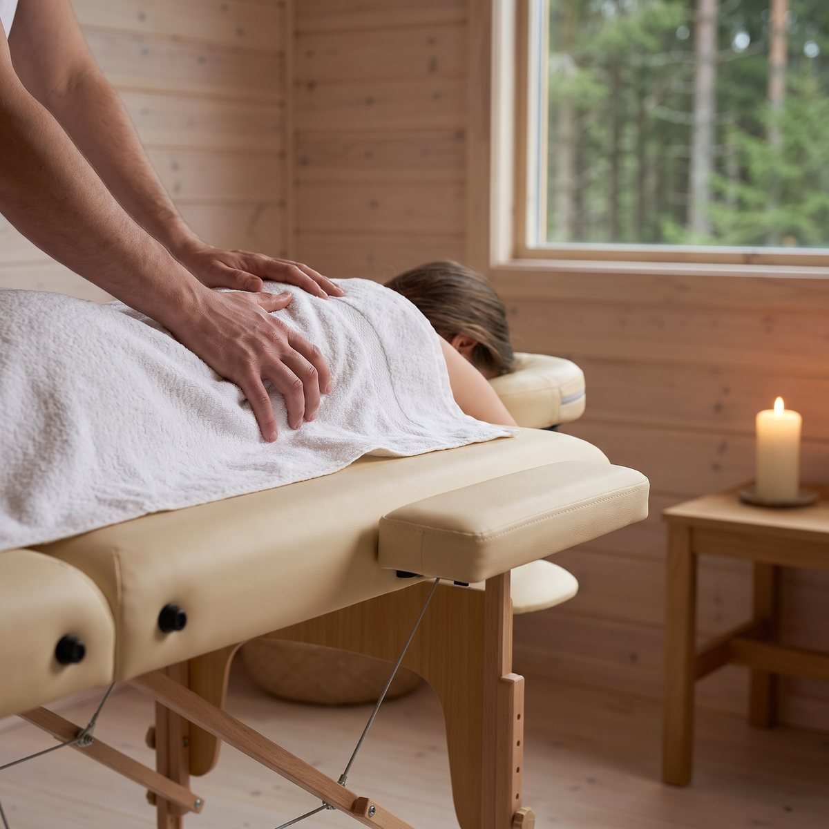 Beige massagebänk i trä i svensk stuga, ryggmassage under handduk