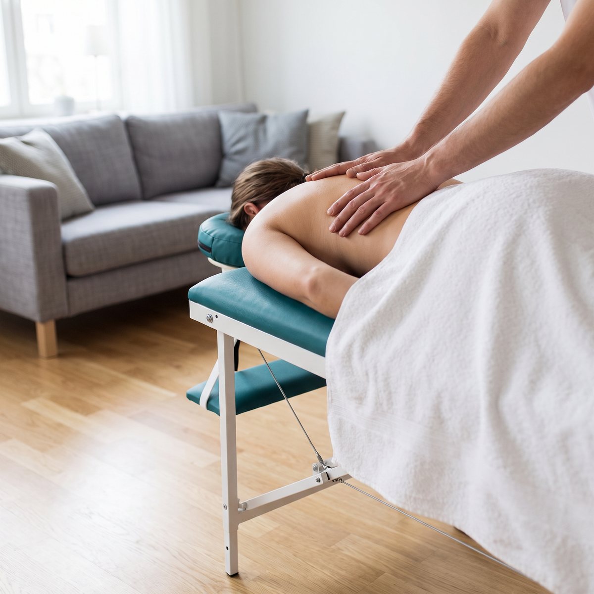 Blågrön hopfällbar massagebänk med vit stomme i svensk vardagsrumsmiljö, ryggmassage pågår