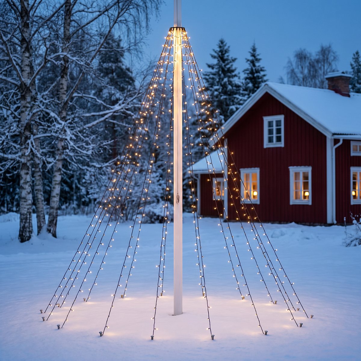 Flaggstång med en tät kon av varmvita ljusslingor i en snöig trädgård framför ett falurött trähus i skymningen