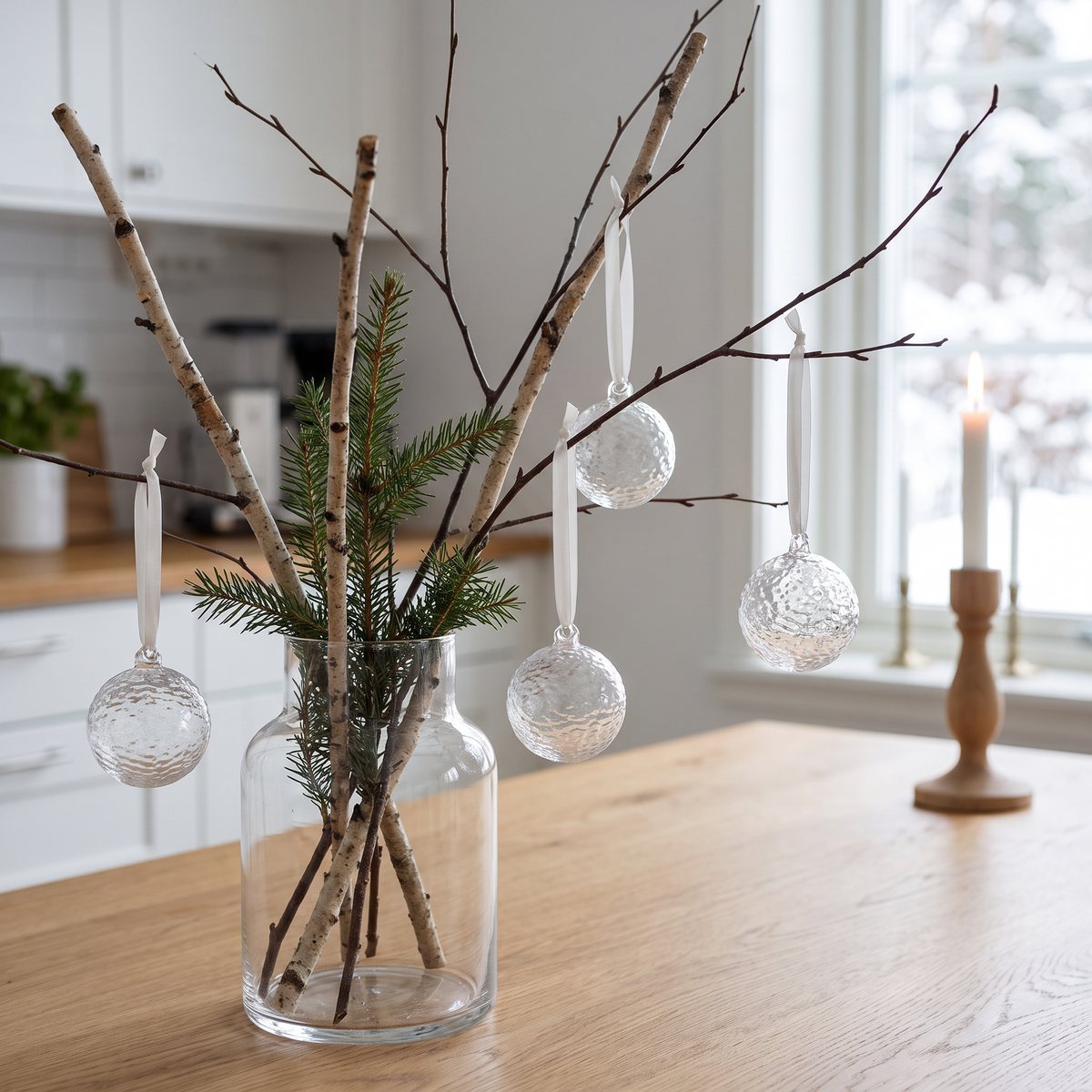 Fyra små julkulor i glas med vita band hänger på björkkvistar i en glasvas på ett köksbord i ett svenskt kök
